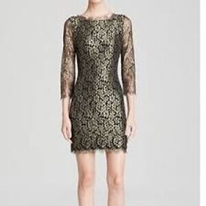 Diane von Furstenberg Metallic Lace Gold Black Cocktail Dress‎ Holidays Size 12